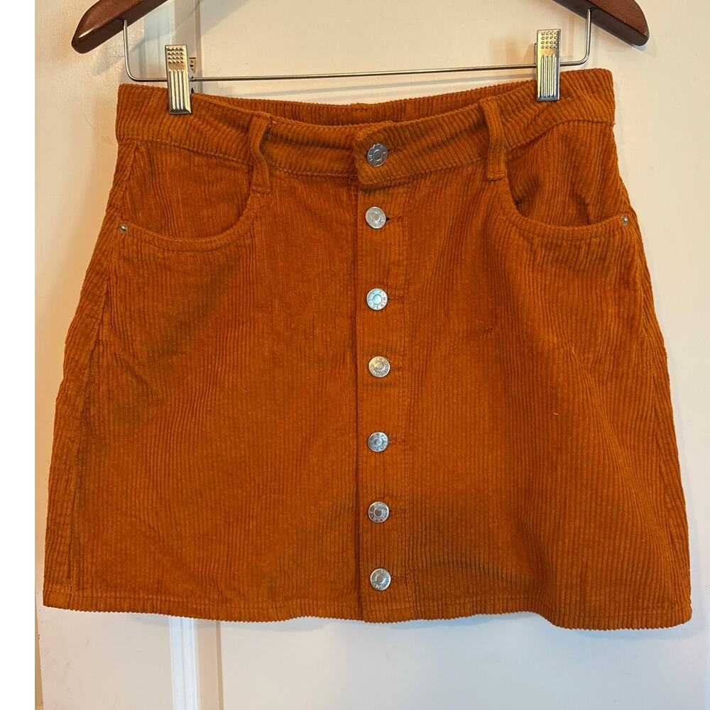 70s Retro Style Orange Corduroy Button Front Mini Skirt M - Picture 2 of 8